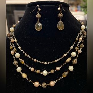 Bronze Gold Beaded Filigree Necklace and Earrings (Costume Jewelry)